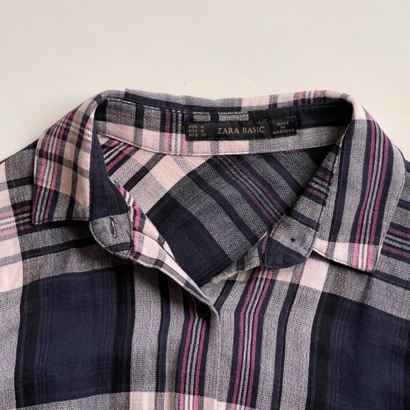 Zara Basic Botton Down Navy Pink White Plaid Flannel Shirt. Size: M - Picture 3 of 12
